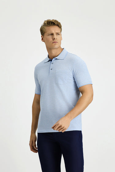 Mavi Regular Fit Desenli Likralı Cepli Polo Yaka Tişört