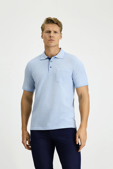  Mavi Regular Fit Desenli Likralı Cepli Polo Yaka Tişört