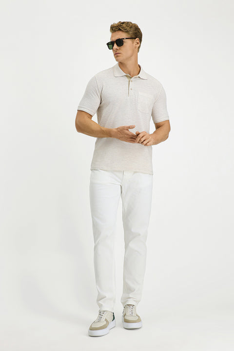 Açık Bej Regular Fit Desenli Likralı Cepli Polo Yaka Tişört