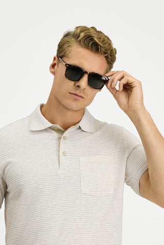  Açık Bej Regular Fit Desenli Likralı Cepli Polo Yaka Tişört