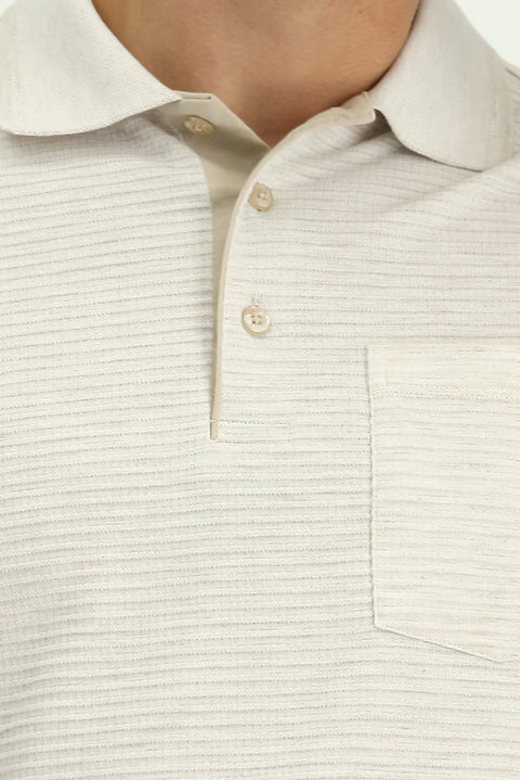 Açık Bej Regular Fit Desenli Likralı Cepli Polo Yaka Tişört