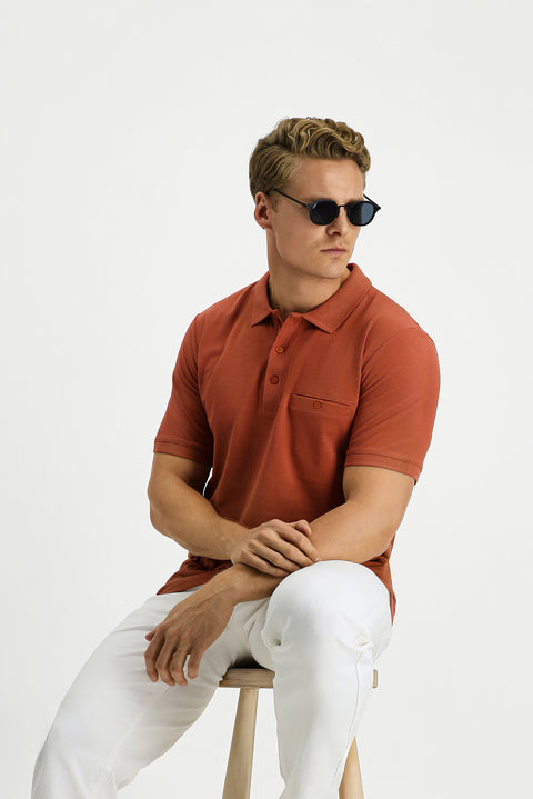 Tile-colored Regular Fit Cotton Pocket Polo Shirt