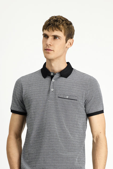 Siyah Regular Fit Desenli Pamuklu Cepli Polo Yaka Tişört