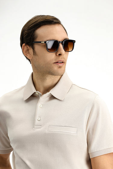  Açık Bej Regular Fit Desenli Pamuklu Cepli Polo Yaka Tişört