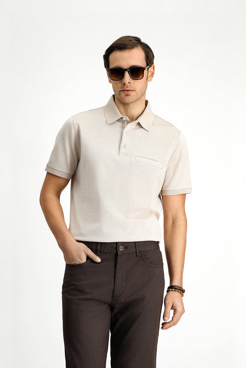 Açık Bej Regular Fit Desenli Pamuklu Cepli Polo Yaka Tişört