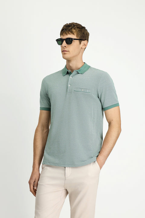 Koyu Yeşil Regular Fit Desenli Pamuklu Cepli Polo Yaka Tişört