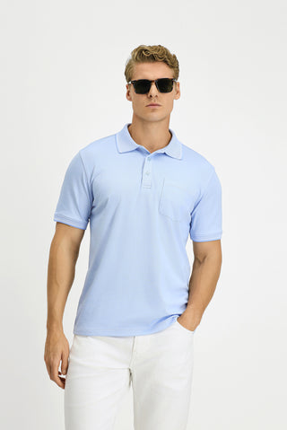  Açık Mavi Regular Fit Pamuklu Desenli Cepli Polo Yaka Tişört