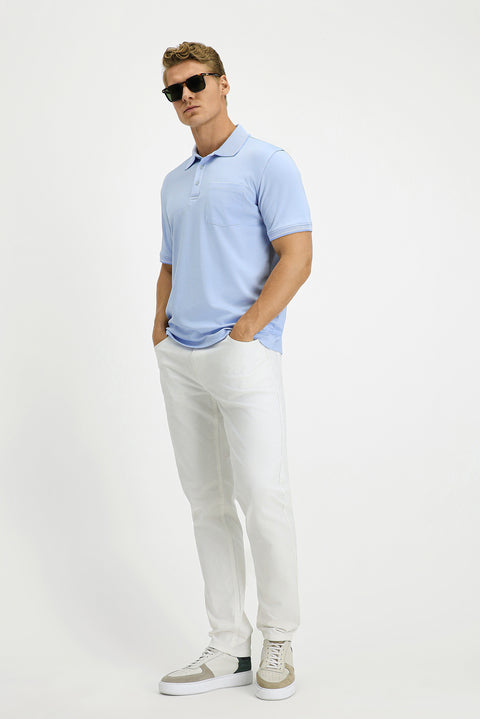 Açık Mavi Regular Fit Pamuklu Desenli Cepli Polo Yaka Tişört