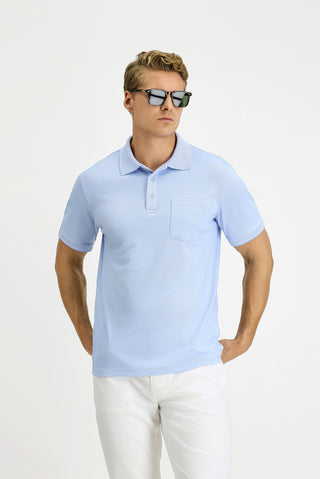  Açık Mavi Regular Fit Pamuklu Desenli Cepli Polo Yaka Tişört