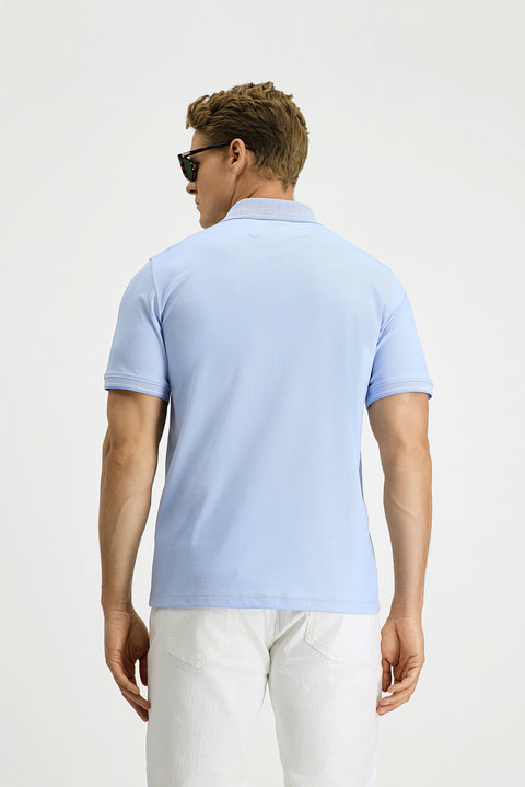 Açık Mavi Regular Fit Pamuklu Desenli Cepli Polo Yaka Tişört