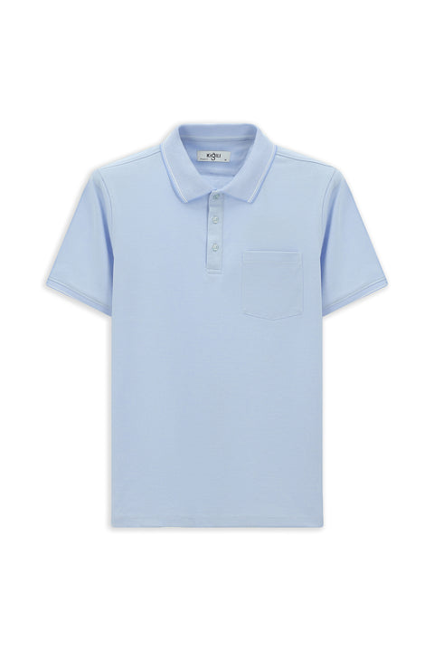 Açık Mavi Regular Fit Pamuklu Desenli Cepli Polo Yaka Tişört