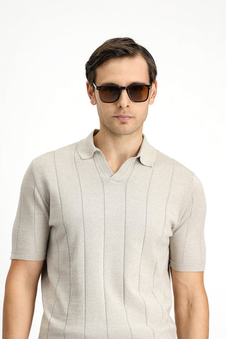  Orta Bej Regular Fit Pamuklu Desenli Polo Yaka Triko Ti?ört-Ki??l?