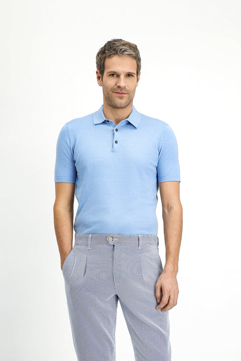 Blue Regular Fit Cotton Knitted Polo Neck T-Shirt