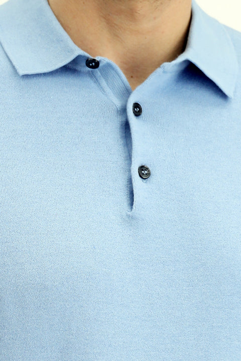 Blue Regular Fit Cotton Knitted Polo Neck T-Shirt