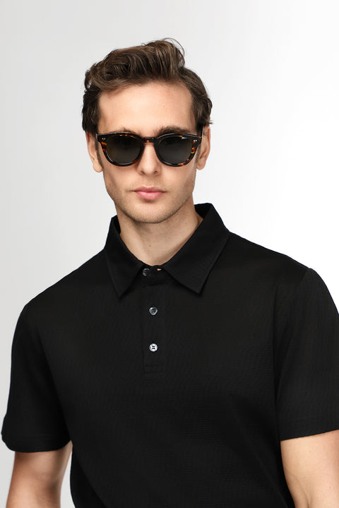 Siyah Slim Fit Dar Kesim Pamuk Desenli Polo Yaka Tişört