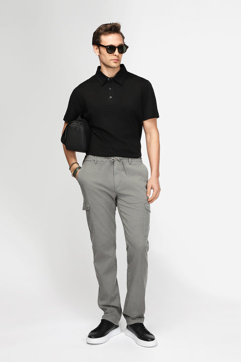 Siyah Slim Fit Dar Kesim Pamuk Desenli Polo Yaka Tişört