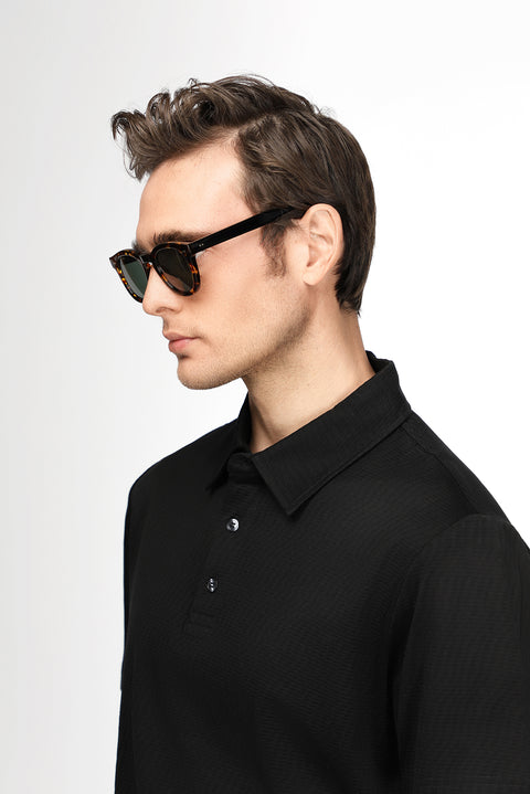 Siyah Slim Fit Dar Kesim Pamuk Desenli Polo Yaka Tişört