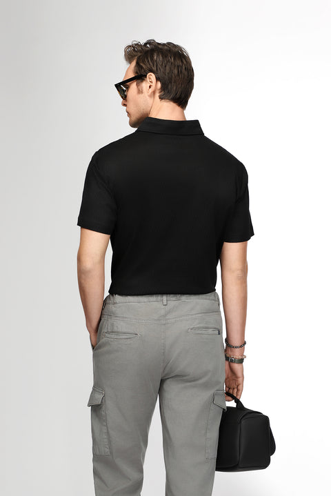 Siyah Slim Fit Dar Kesim Pamuk Desenli Polo Yaka Tişört