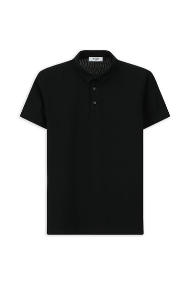 Siyah Slim Fit Dar Kesim Pamuk Desenli Polo Yaka Tişört