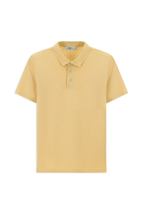 Orta Bej Slim Fit Dar Kesim Pamuk Desenli Polo Yaka Tişört