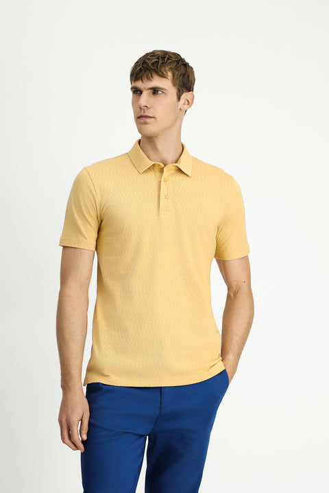 Orta Bej Slim Fit Dar Kesim Pamuk Desenli Polo Yaka Tişört