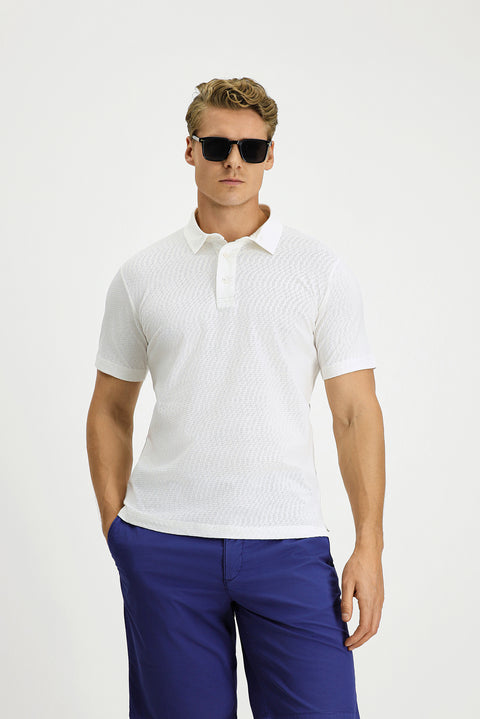 Kırık Beyaz Slim Fit Dar Kesim Pamuk Desenli Polo Yaka Tişört