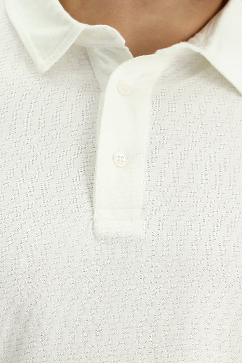 Kırık Beyaz Slim Fit Dar Kesim Pamuk Desenli Polo Yaka Tişört
