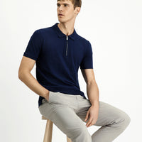 Orta Lacivert Slim Fit Dar Kesim Pamuk Desenli Fermuarlı Polo Yaka Tişört