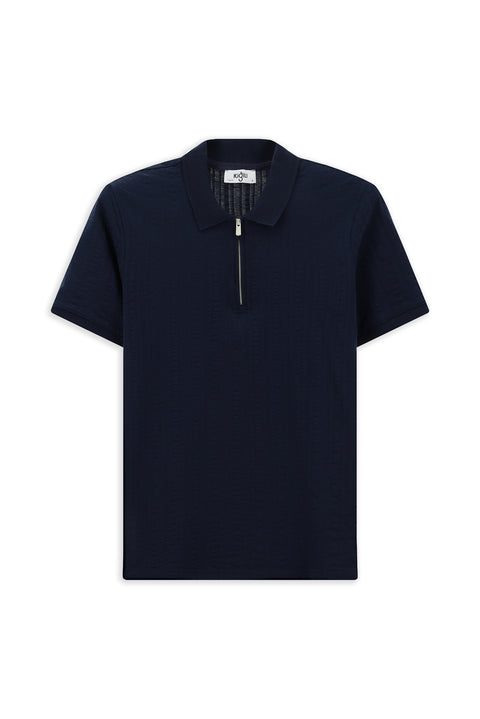 Orta Lacivert Slim Fit Dar Kesim Pamuk Desenli Fermuarlı Polo Yaka Tişört