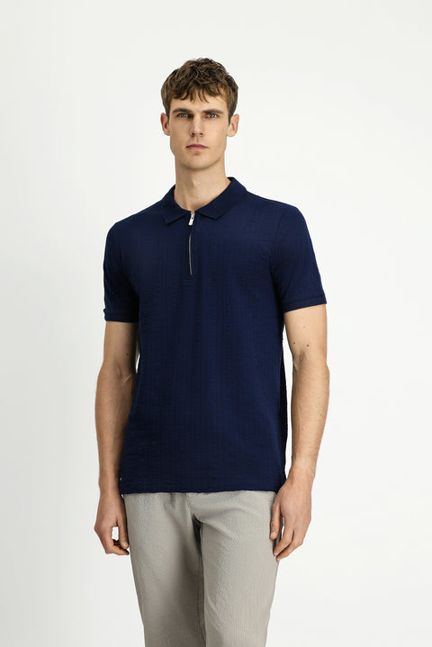 Orta Lacivert Slim Fit Dar Kesim Pamuk Desenli Fermuarlı Polo Yaka Tişört