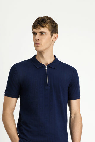  Orta Lacivert Slim Fit Dar Kesim Pamuk Desenli Fermuarlı Polo Yaka Tişört