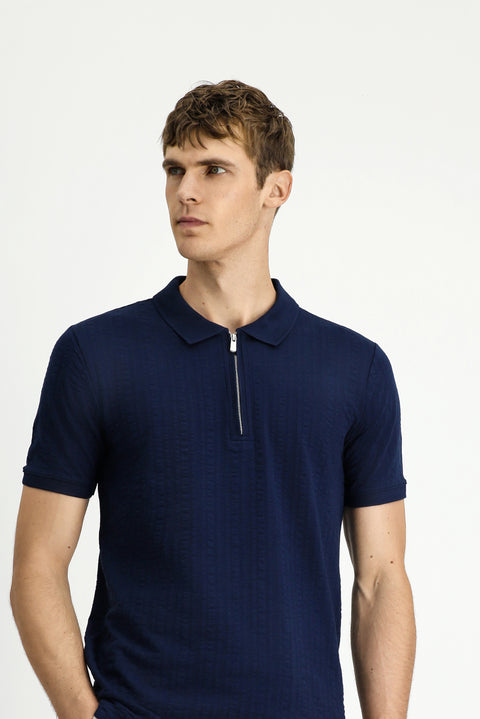 Orta Lacivert Slim Fit Dar Kesim Pamuk Desenli Fermuarlı Polo Yaka Tişört