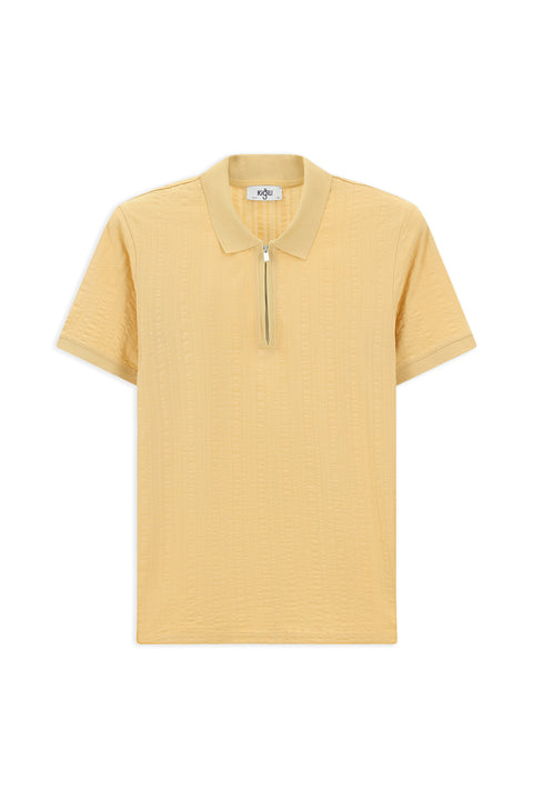 Orta Bej Slim Fit Dar Kesim Pamuk Desenli Fermuarlı Polo Yaka Tişört