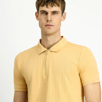 Orta Bej Slim Fit Dar Kesim Pamuk Desenli Fermuarlı Polo Yaka Tişört