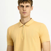 Orta Bej Slim Fit Dar Kesim Pamuk Desenli Fermuarlı Polo Yaka Tişört