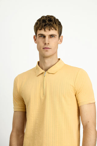  Orta Bej Slim Fit Dar Kesim Pamuk Desenli Fermuarlı Polo Yaka Tişört