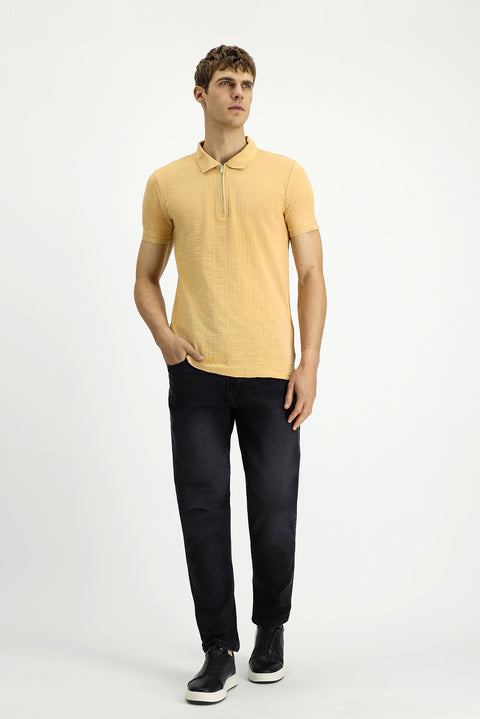 Orta Bej Slim Fit Dar Kesim Pamuk Desenli Fermuarlı Polo Yaka Tişört