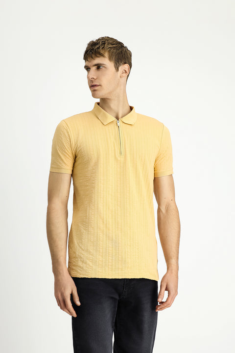 Orta Bej Slim Fit Dar Kesim Pamuk Desenli Fermuarlı Polo Yaka Tişört