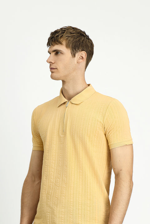 Orta Bej Slim Fit Dar Kesim Pamuk Desenli Fermuarlı Polo Yaka Tişört
