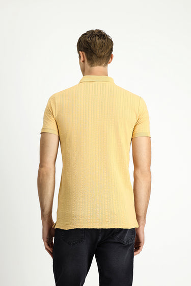 Orta Bej Slim Fit Dar Kesim Pamuk Desenli Fermuarlı Polo Yaka Tişört