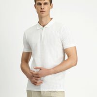 Kırık Beyaz Slim Fit Dar Kesim Pamuk Desenli Fermuarlı Polo Yaka Tişört