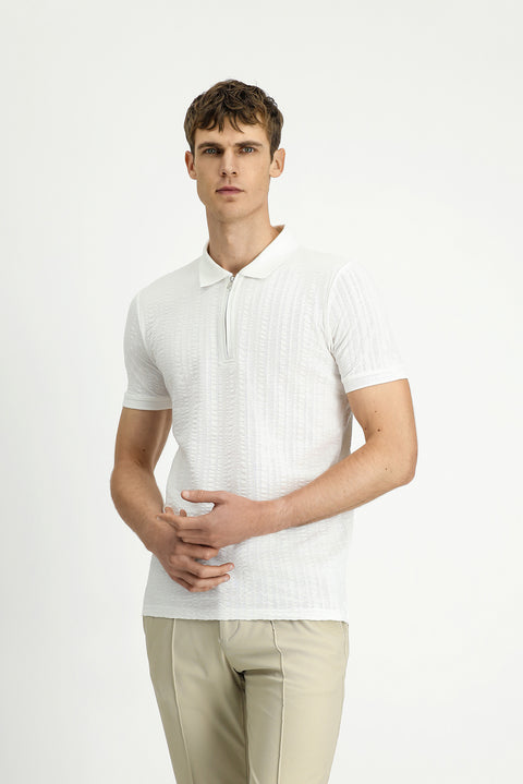 Kırık Beyaz Slim Fit Dar Kesim Pamuk Desenli Fermuarlı Polo Yaka Tişört