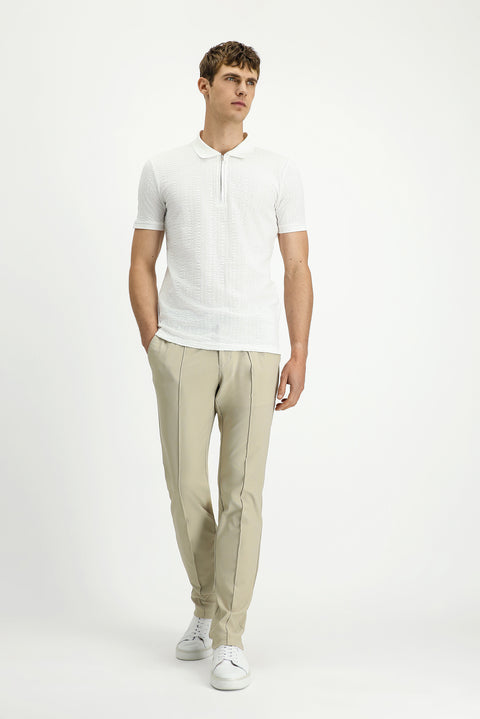 Kırık Beyaz Slim Fit Dar Kesim Pamuk Desenli Fermuarlı Polo Yaka Tişört