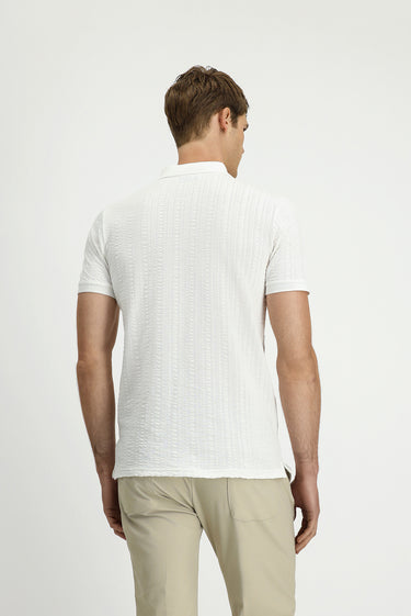 Kırık Beyaz Slim Fit Dar Kesim Pamuk Desenli Fermuarlı Polo Yaka Tişört