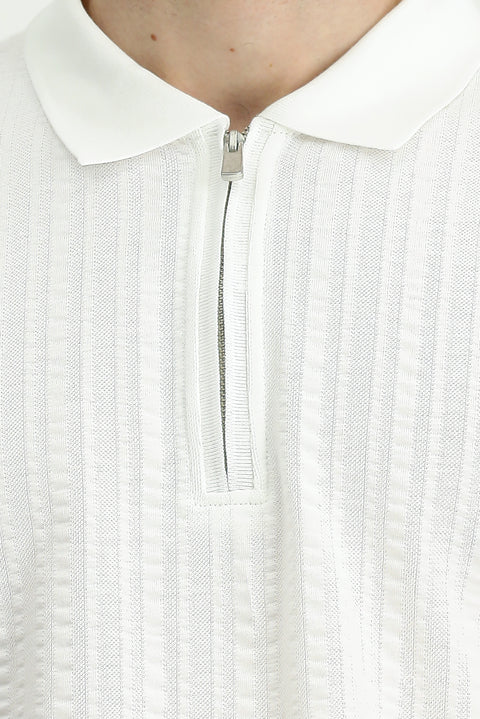 Kırık Beyaz Slim Fit Dar Kesim Pamuk Desenli Fermuarlı Polo Yaka Tişört