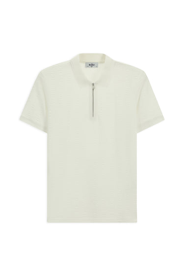 Kırık Beyaz Slim Fit Dar Kesim Pamuk Desenli Fermuarlı Polo Yaka Tişört