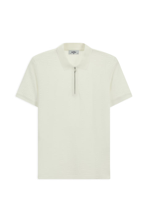 Kırık Beyaz Slim Fit Dar Kesim Pamuk Desenli Fermuarlı Polo Yaka Tişört