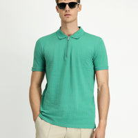 Koyu Yeşil Slim Fit Dar Kesim Pamuk Desenli Fermuarlı Polo Yaka Tişört