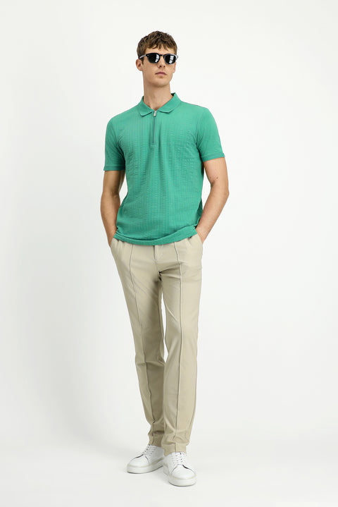 Dark Green Slim Fit Narrow Cut Cotton Patterned Zip-Up Polo Shirt