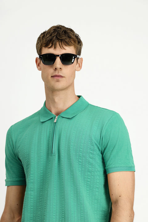 Dark Green Slim Fit Narrow Cut Cotton Patterned Zip-Up Polo Shirt
